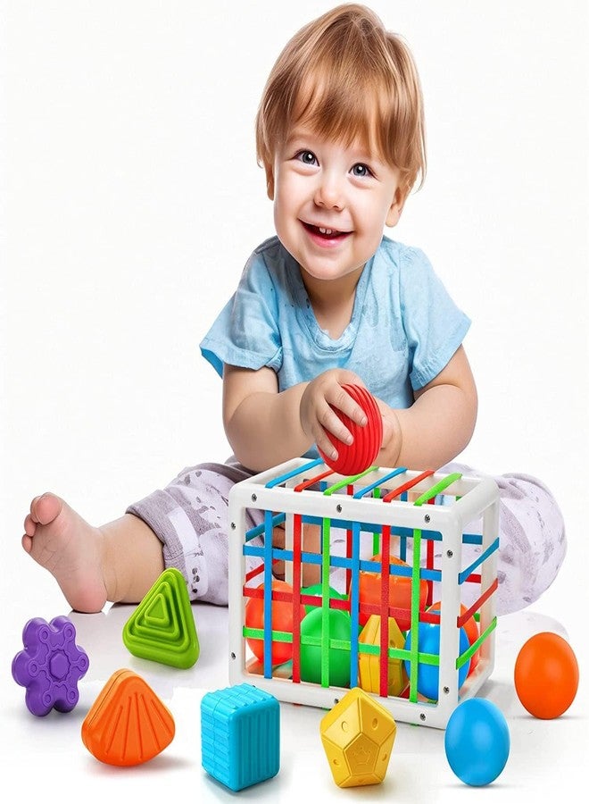 GoldiMec Baby Shape Sorting Toy, Montessori Sensory Toys with Blocks Colorful Cube and Alphabets, Shape Sorting Toy with Elastic Bands Fine Motor Skill Toy, Preschool Learning Toys (9 Pieces) - Image 1
